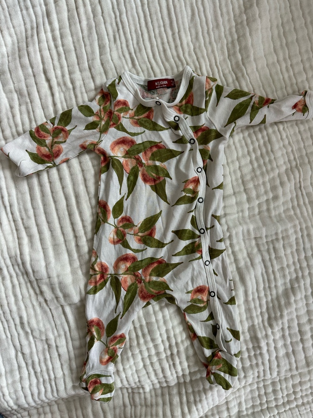 Milkbarn Peach & Leaf Print Footed One-Piece in White